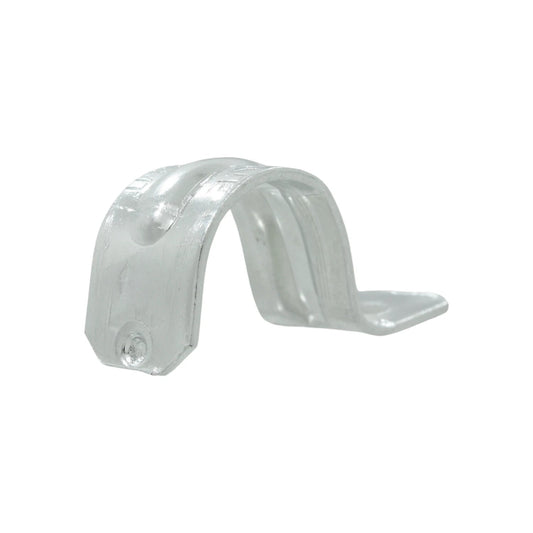 Abrazadera de uña galvanizada de 3/4 pulgada para fijación de tuberías, color plateado.