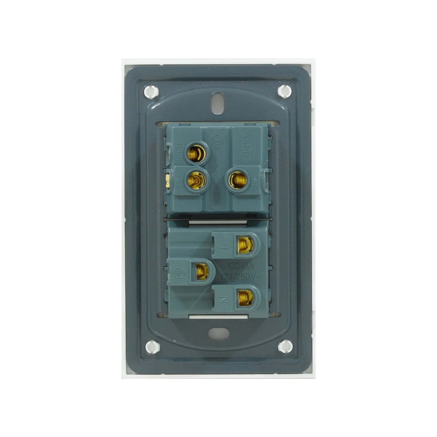 Placa eléctrica trasera con módulos: apagador escalera 10A 250V y contacto 15A 127/250V. Terminales de cableado.
