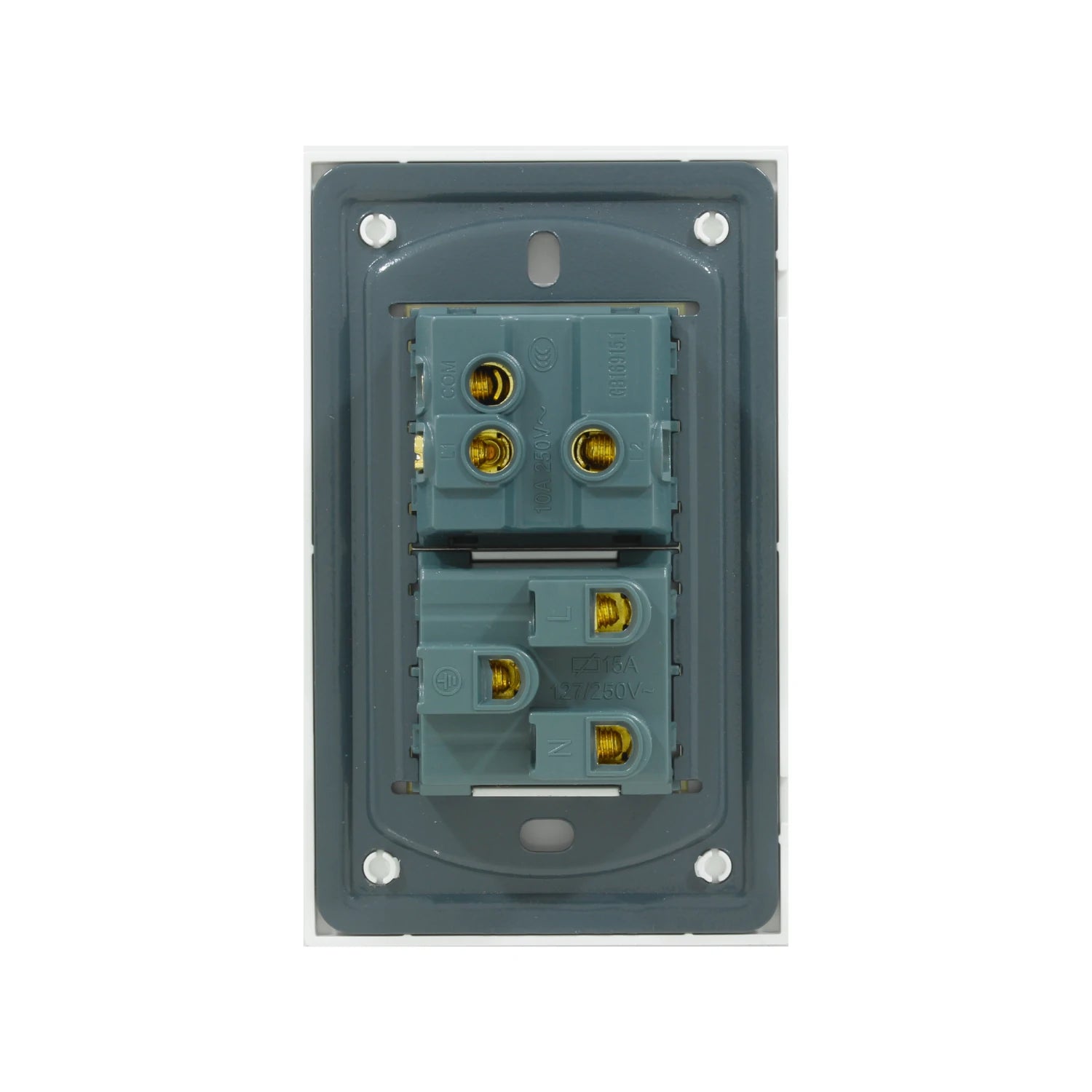Placa eléctrica trasera con módulos: apagador escalera 10A 250V y contacto 15A 127/250V. Terminales de cableado.