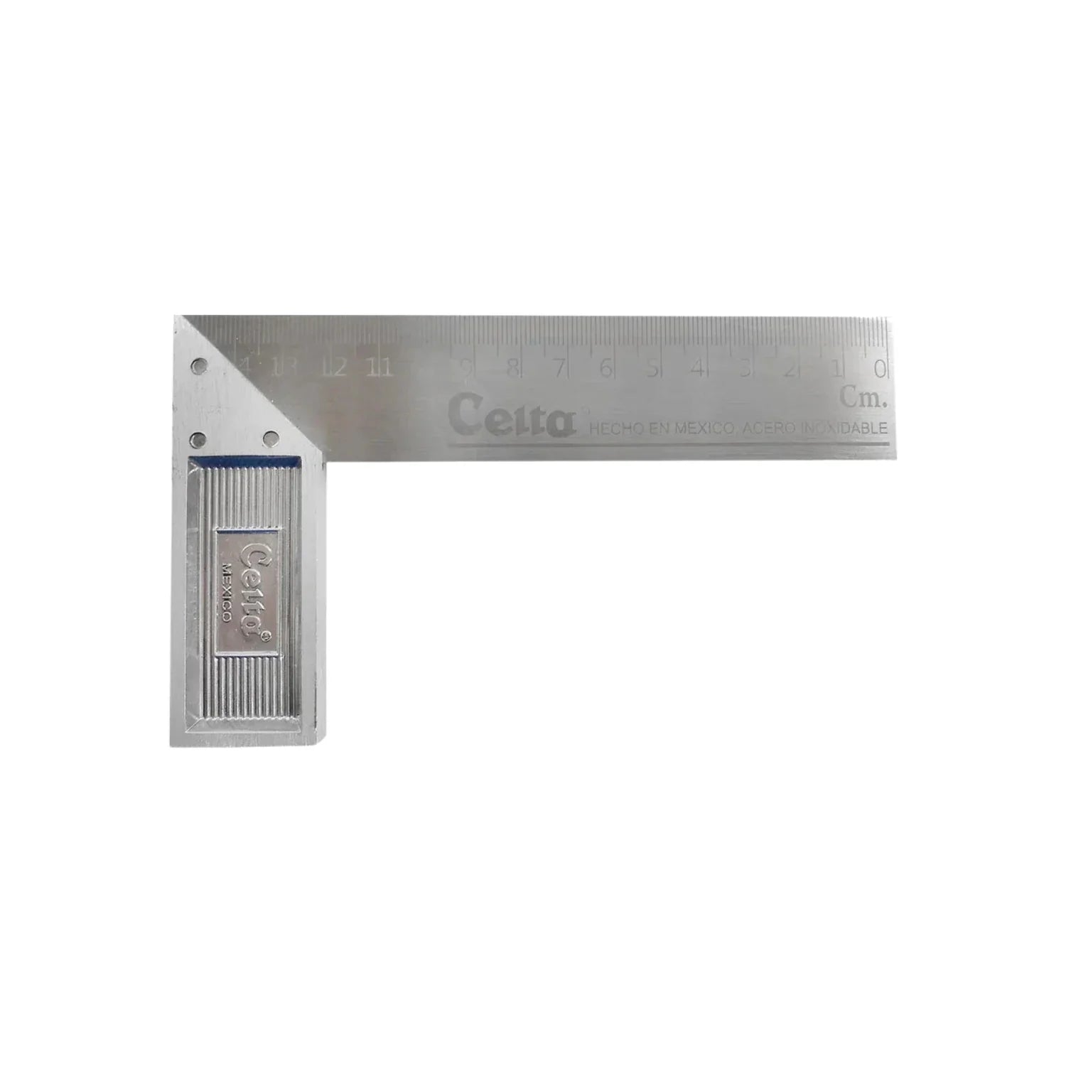 Fabricada en acero inoxidable al alto cromo.,Mango de aluminio pulido tipo europeo.,Cuenta con 3 remaches reforzados.,Escuadra de 6" graduada en sistema métrico e ingles.