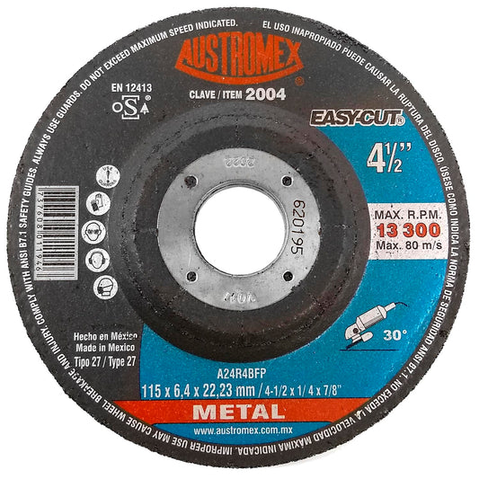 Elaborado con Ã³xido de aluminio.,Desbaste metal.,DiÃ¡metro: 4 1/2"(114 mm).,Eje: 7/8"(22.23 mm).,Espesor: 1/4"(6 mm).,Tipo 27,Velocidad 13300 RPM,Se requiere adaptador para el correcto montaje de disco para centro deprimido.,Usar guantes y lentes de protecciÃ³n al momento de su uso.