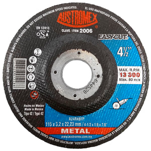 Elaborado con óxido de aluminio.,Corte metal.,Diámetro: 4 1/2"(114 mm).,Eje: 7/8"(22.23 mm).,Espesor: 1/8" (3.2 mm).,Tipo 41,Velocidad 13300 RPM,Utilice en una esmeriladora angular.,Se requiere adaptador para el correcto montaje de disco para centro deprimido.,Usar guantes y lentes de protección al momento de su uso.