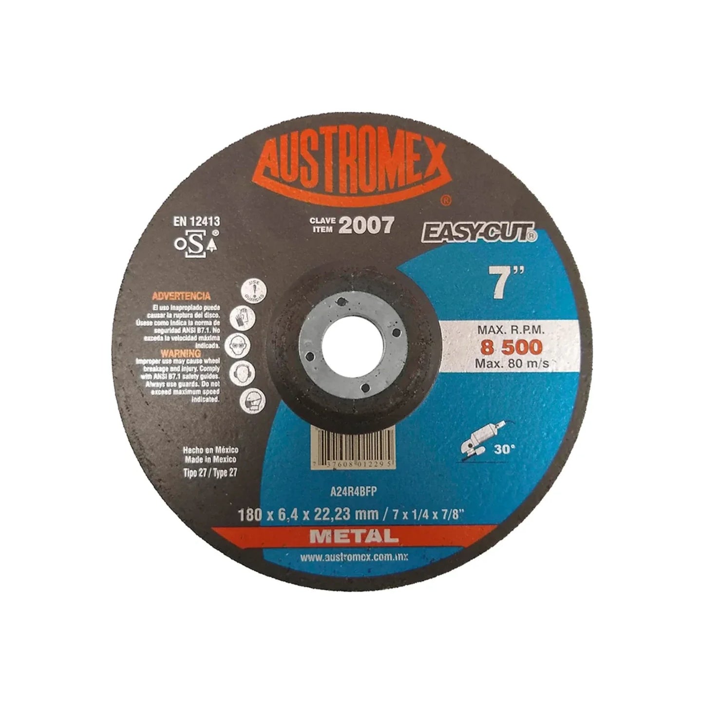 Elaborado con óxido de aluminio.,Desbaste metal.,Diámetro: 7"(180 mm,Eje: 7/8"(22.23 mm).,Espesor: 1/4" (6 mm).,Tipo 27,Velocidad 8500 RPM,Disco para desbaste con centro deprimido.,Usar guantes y lentes de protección al momento de su uso. 