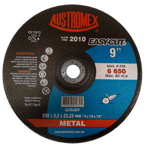 Elaborado con óxido de aluminio.,Corte metal.,Diámetro: 9"(228.6 mm).,Eje: 7/8"(22.23 mm).,Espesor: 1/8" (3.2 mm).,Tipo 42,Velocidad 6650 RPM,Utilice en una esmeriladora angular.,Se requiere adaptador para el correcto montaje de disco para centro deprimido.,Usar guantes y lentes de protección al momento de su uso.