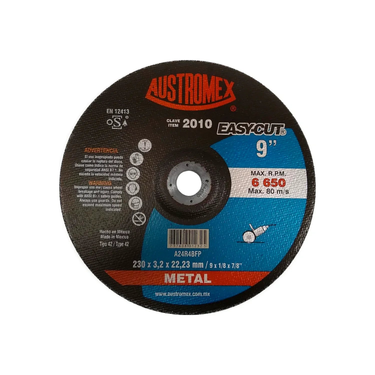 Elaborado con óxido de aluminio.,Corte metal.,Diámetro: 9"(228.6 mm).,Eje: 7/8"(22.23 mm).,Espesor: 1/8" (3.2 mm).,Tipo 42,Velocidad 6650 RPM,Utilice en una esmeriladora angular.,Se requiere adaptador para el correcto montaje de disco para centro deprimido.,Usar guantes y lentes de protección al momento de su uso.