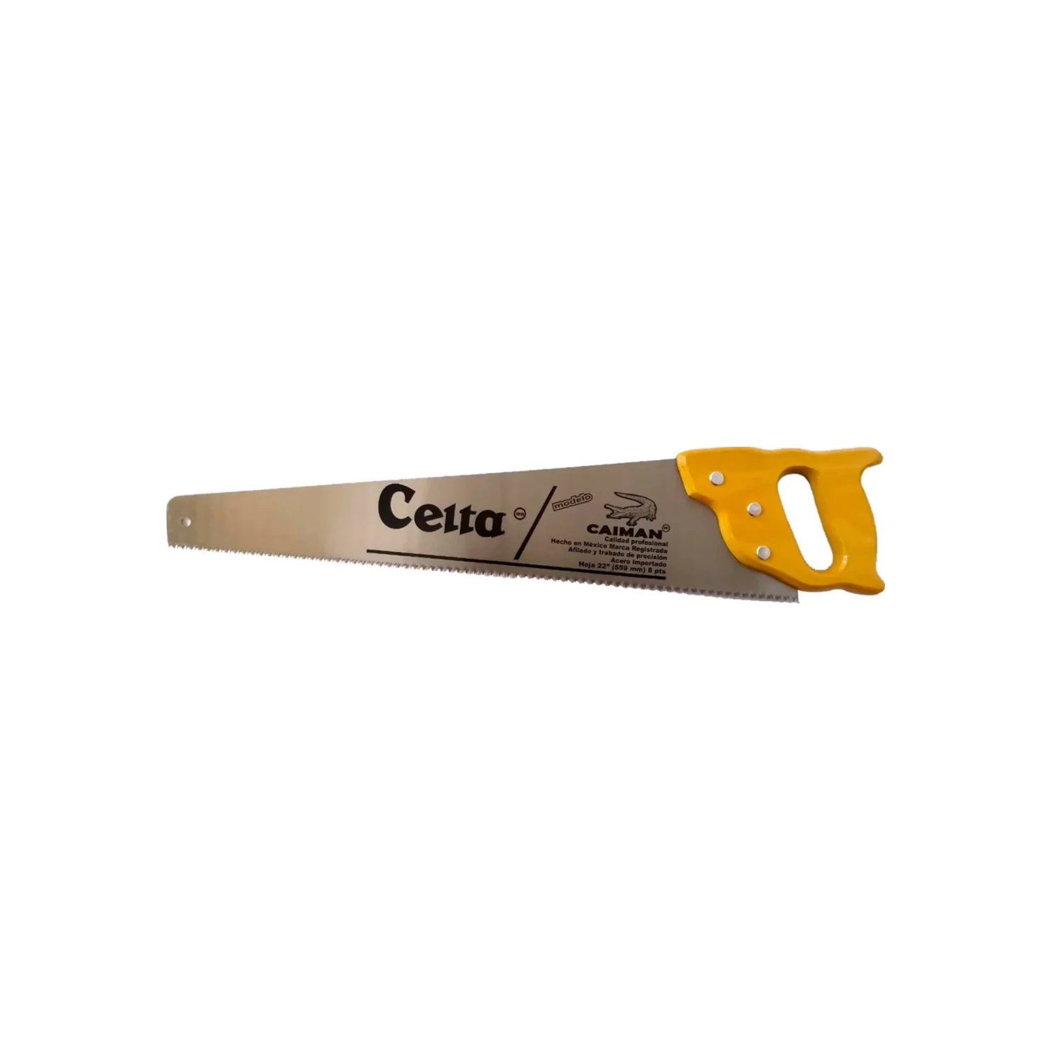 Serrote manual Celta Caiman con mango amarillo, hoja de 22 pulgadas, 8 puntos.
