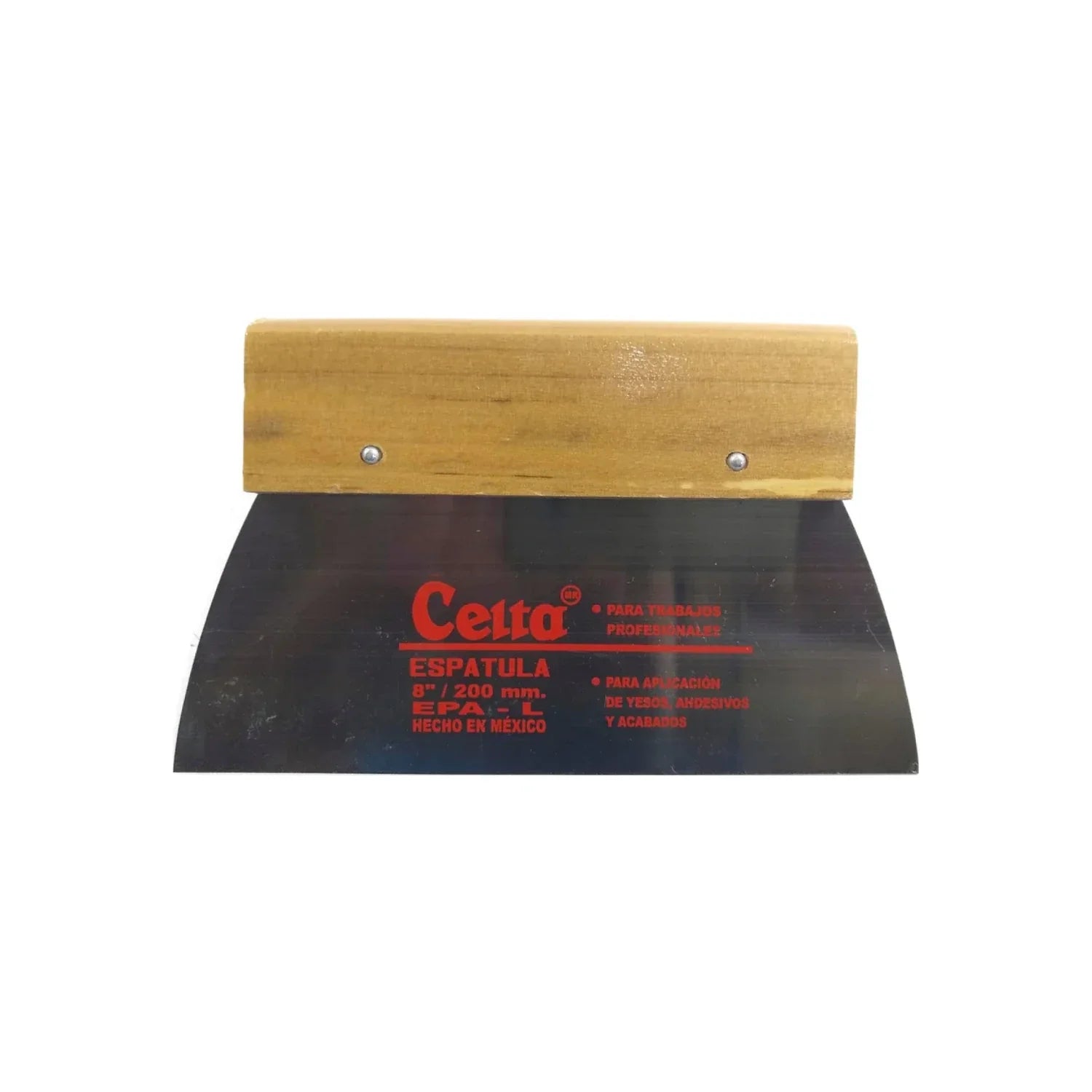 Fabricada de acero templado al alto carbón.,Hoja pulida y laquelada y mango de madera barnizado.,Cuenta con 2 tornillos reforzados.,Espátula ancha lisa (200 mm x 8").