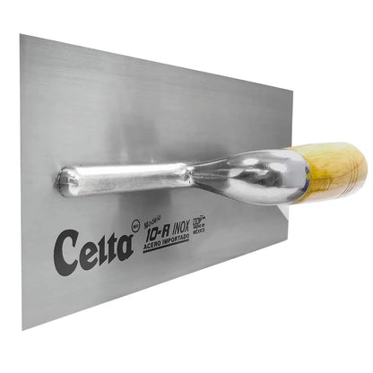 Llana de albañil Celta 10-R INOX de acero inoxidable con mango de madera, ideal para acabados finos y profesionales.