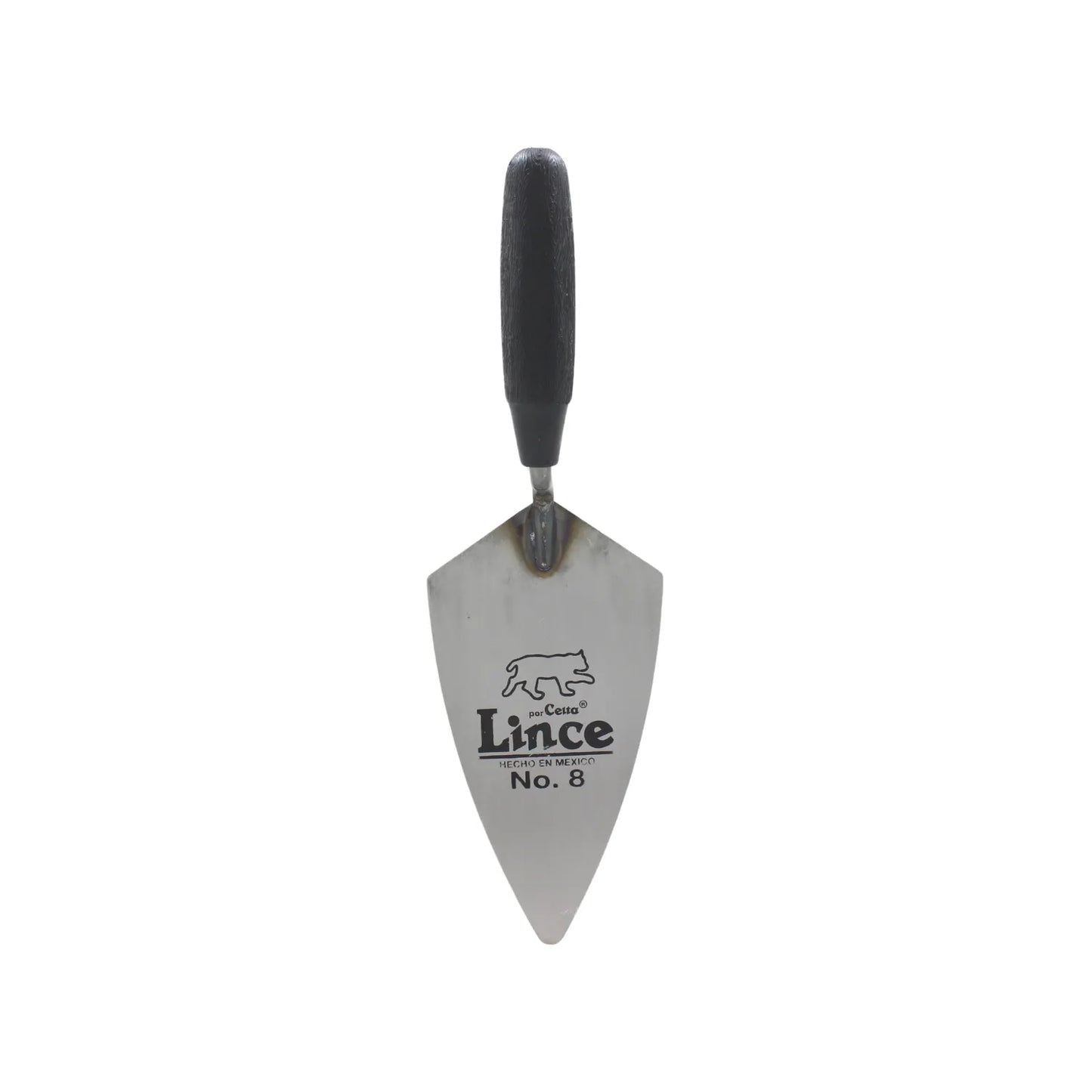 Cuchara de albañil Lince No. 8 con mango negro ergonómico para trabajos de construcción y aplicación de mezcla.