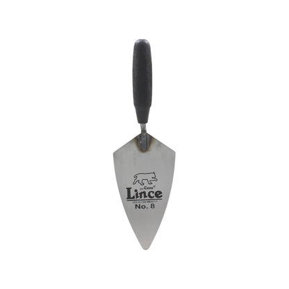Cuchara de albañil Lince No. 8 con mango negro ergonómico para trabajos de construcción y aplicación de mezcla.