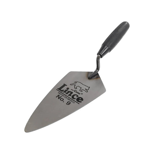 Cuchara de albañil Lince No. 9, punta de acero afilada y mango ergonómico de plástico negro