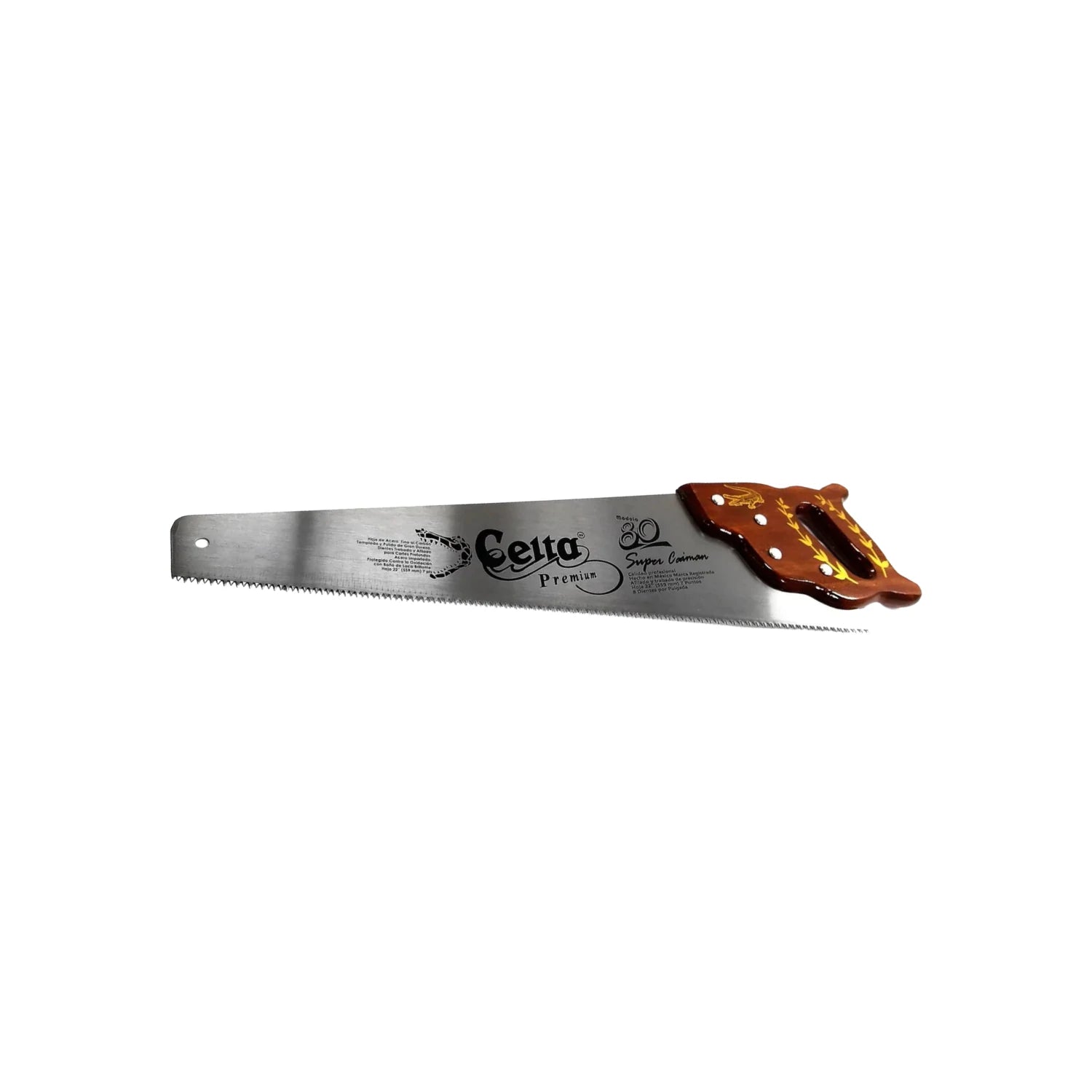 Serrucho manual Celta Super Caimán 22 pulgadas, hoja de acero para madera, mango marrón de madera.