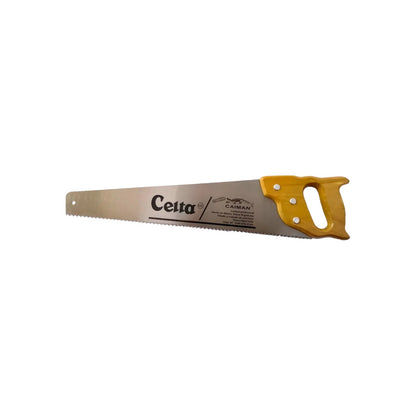 Serrucho de mano Celta profesional 20 pulgadas, hoja afilada y mango de madera amarillo para carpintería.