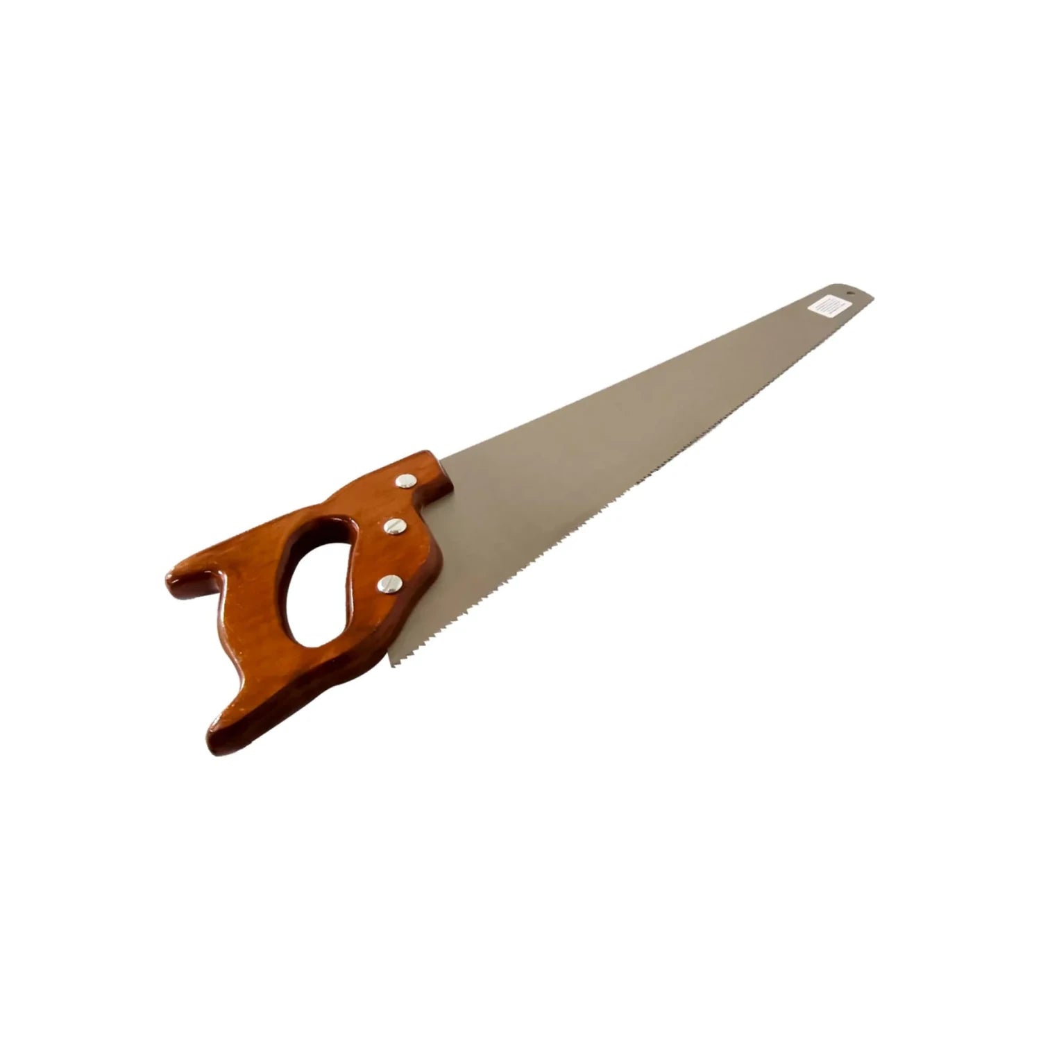 Serrote de mano para corte de madera, hoja metálica y mango de madera pulida.