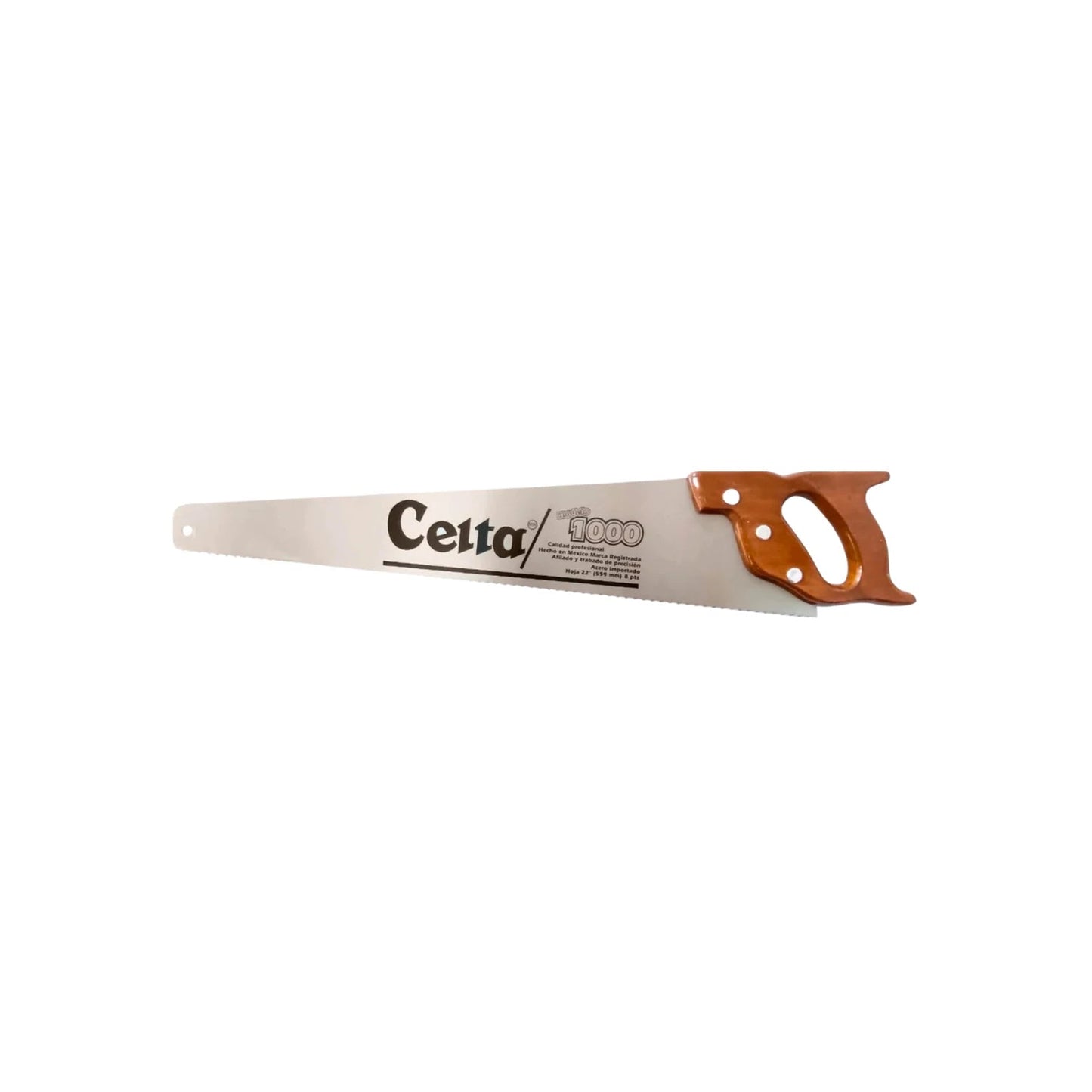 Serrote profesional Celta 1000 de 22 pulgadas, hoja de acero para madera, mango de madera barnizado.