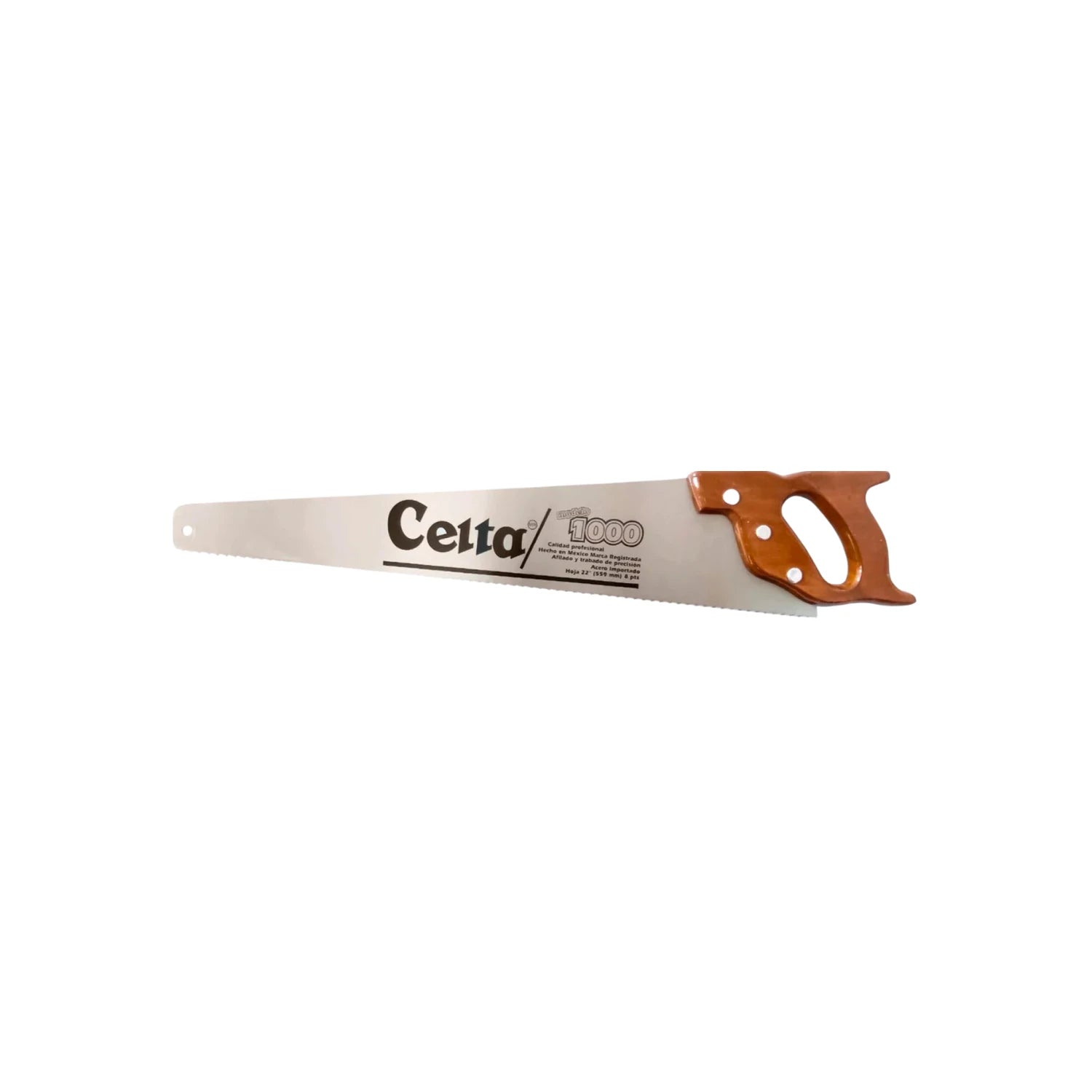 Serrote profesional Celta 1000 de 22 pulgadas, hoja de acero para madera, mango de madera barnizado.