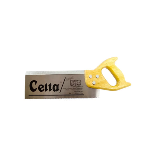 Serrote de costilla Celta 500 profesional 12 pulgadas, hoja de acero 9 TPI, mango de madera amarillo para carpintería.