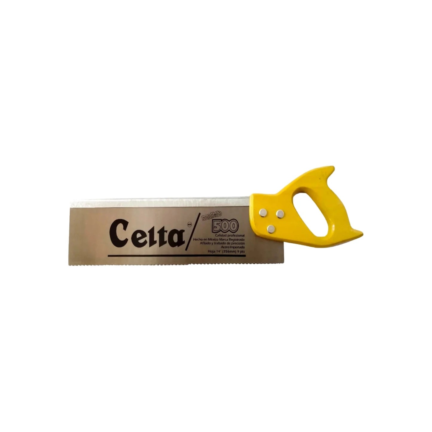 Serrote de costilla profesional Celta 500 con hoja de 14 pulgadas y mango amarillo.