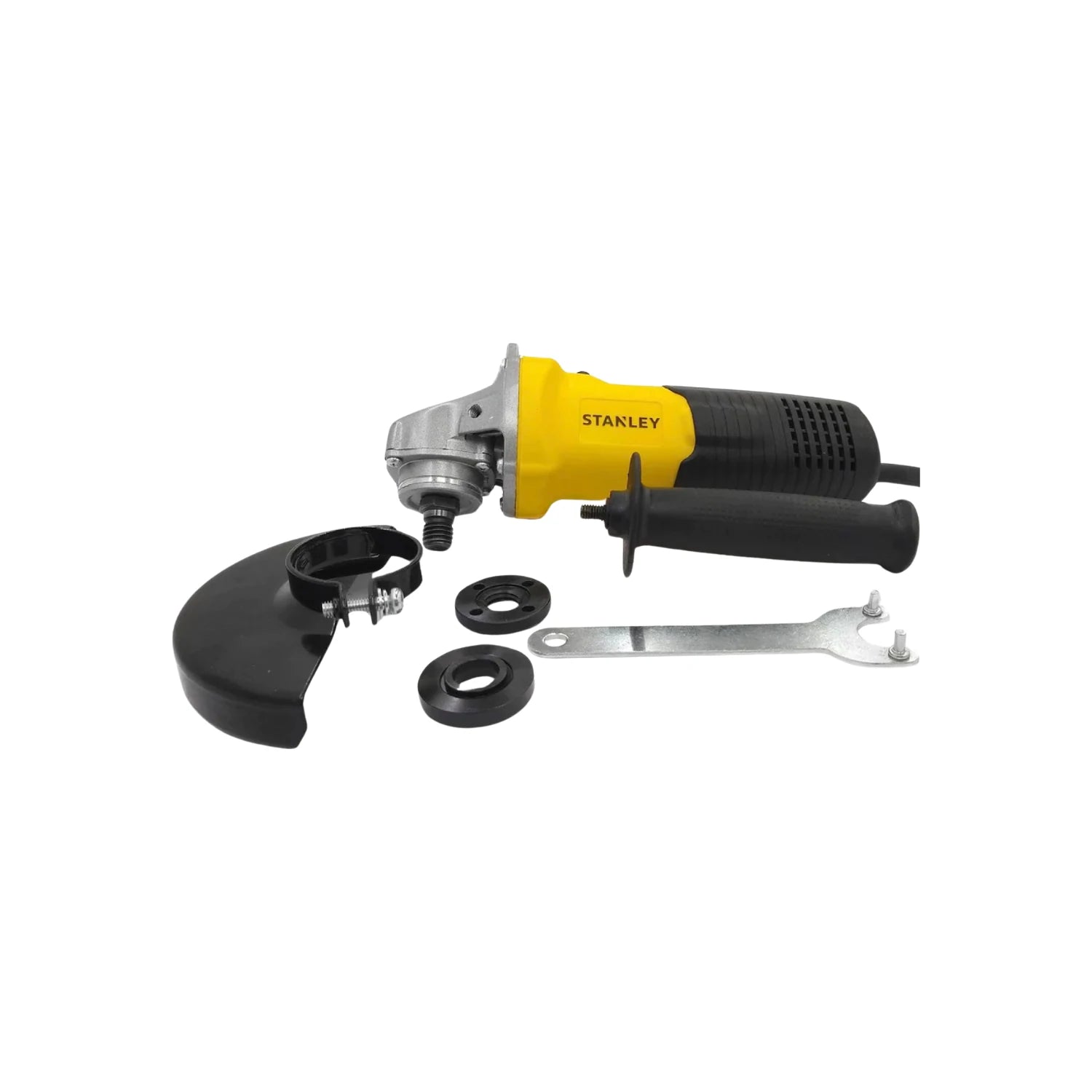 Esmeriladora angular Stanley amarilla 600W 4 1/2" con guarda de seguridad, mango y llave.