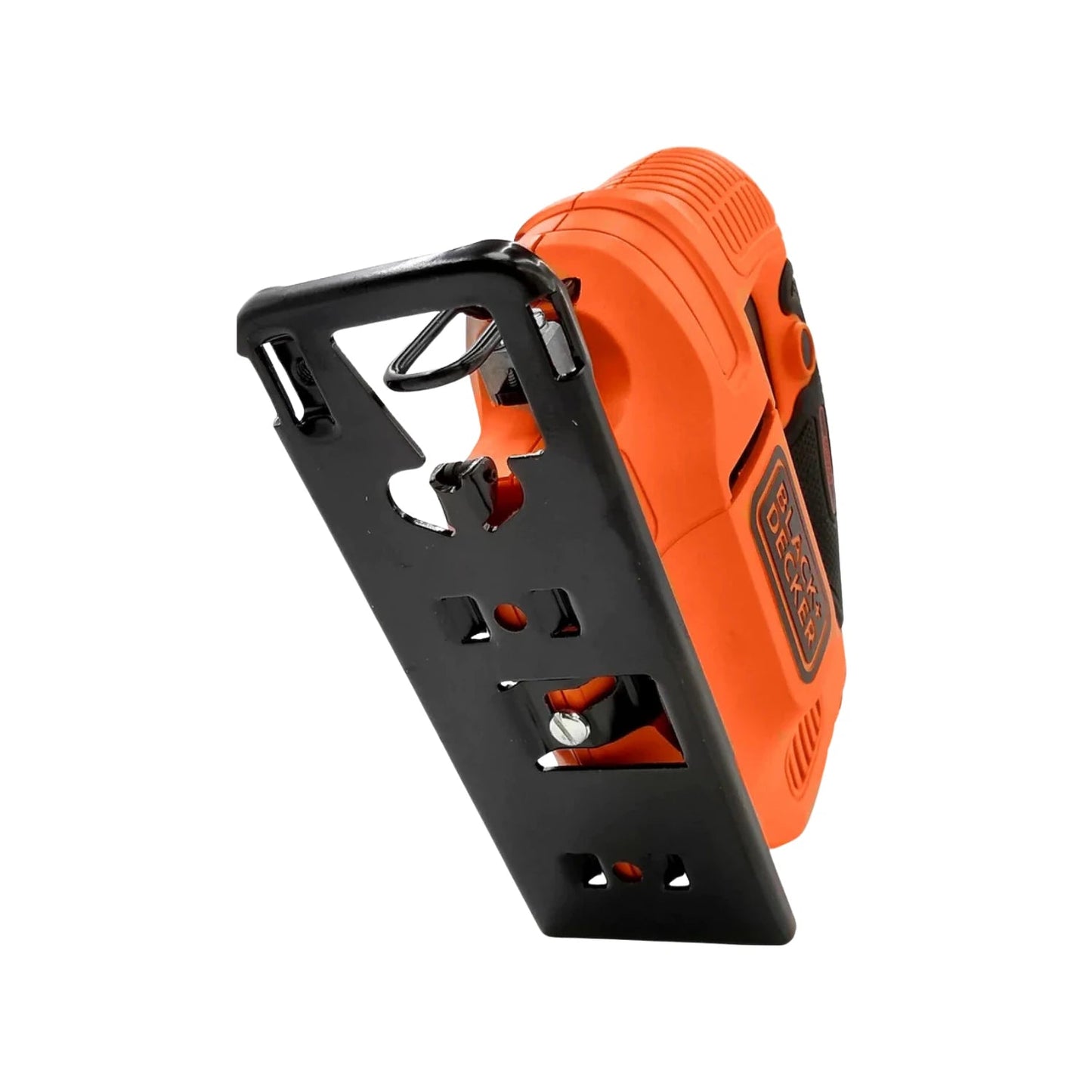 Sierra caladora eléctrica Black+Decker naranja y negro con base inclinable para cortes precisos.