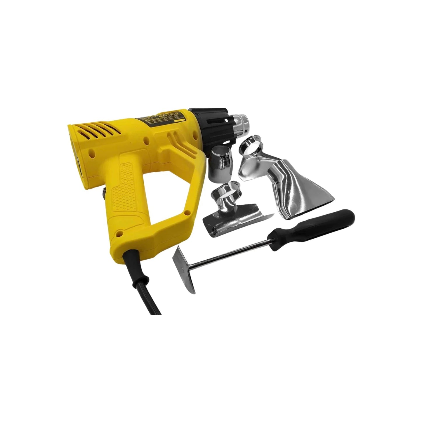 Pistola de calor amarilla 1800W con kit de 4 boquillas y rasqueta para decapar pintura y termofundir materiales.