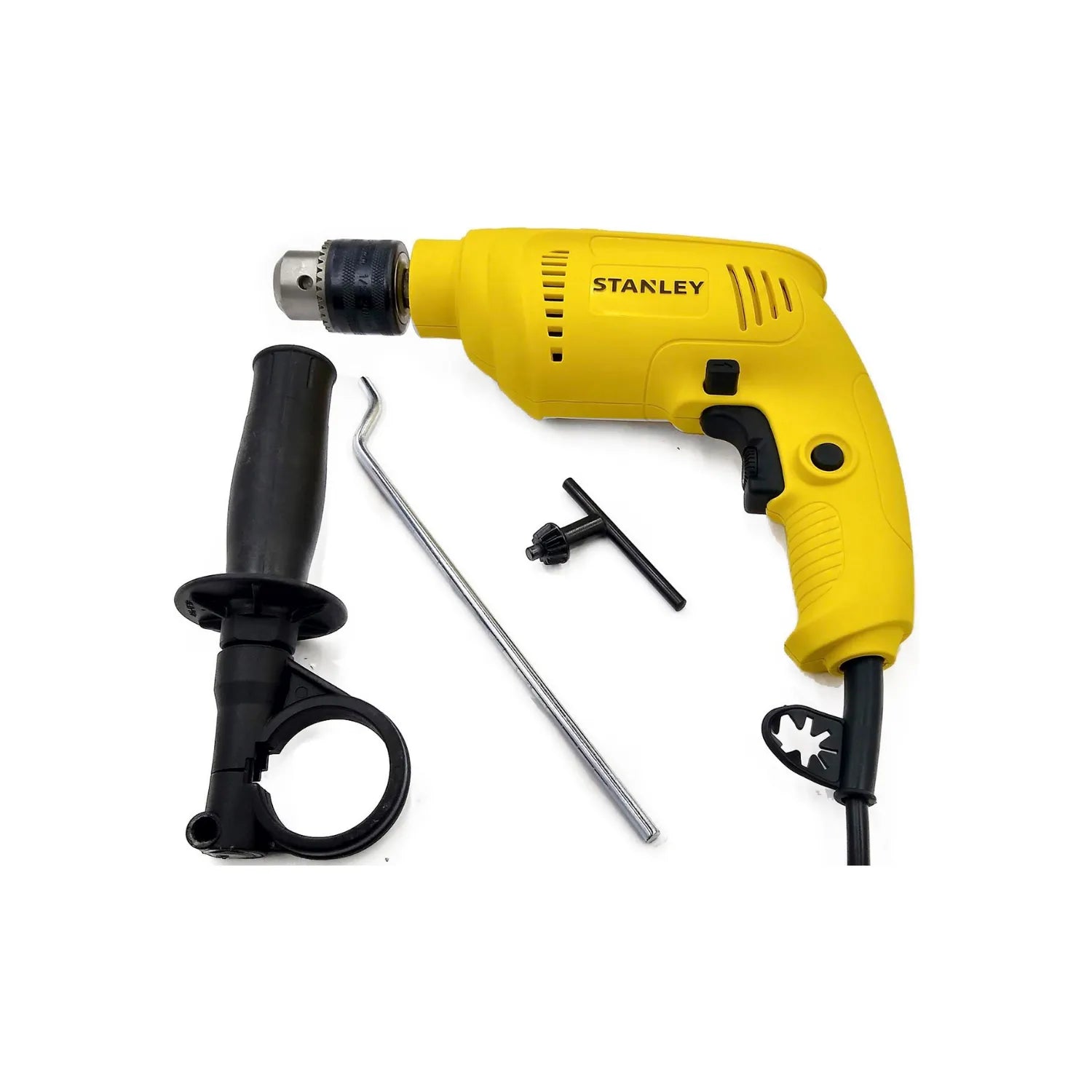 Rotomartillo eléctrico Stanley amarillo con broquero de llave, mango auxiliar y guía de profundidad