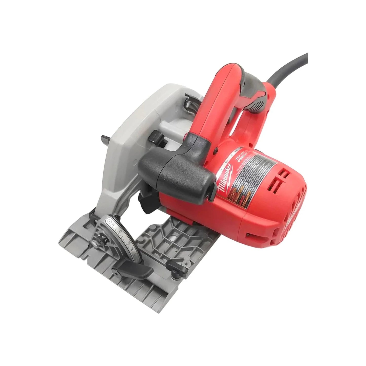 Sierra circular Milwaukee 7 1/4" roja y gris, potente herramienta eléctrica con ajuste de bisel para corte de madera.