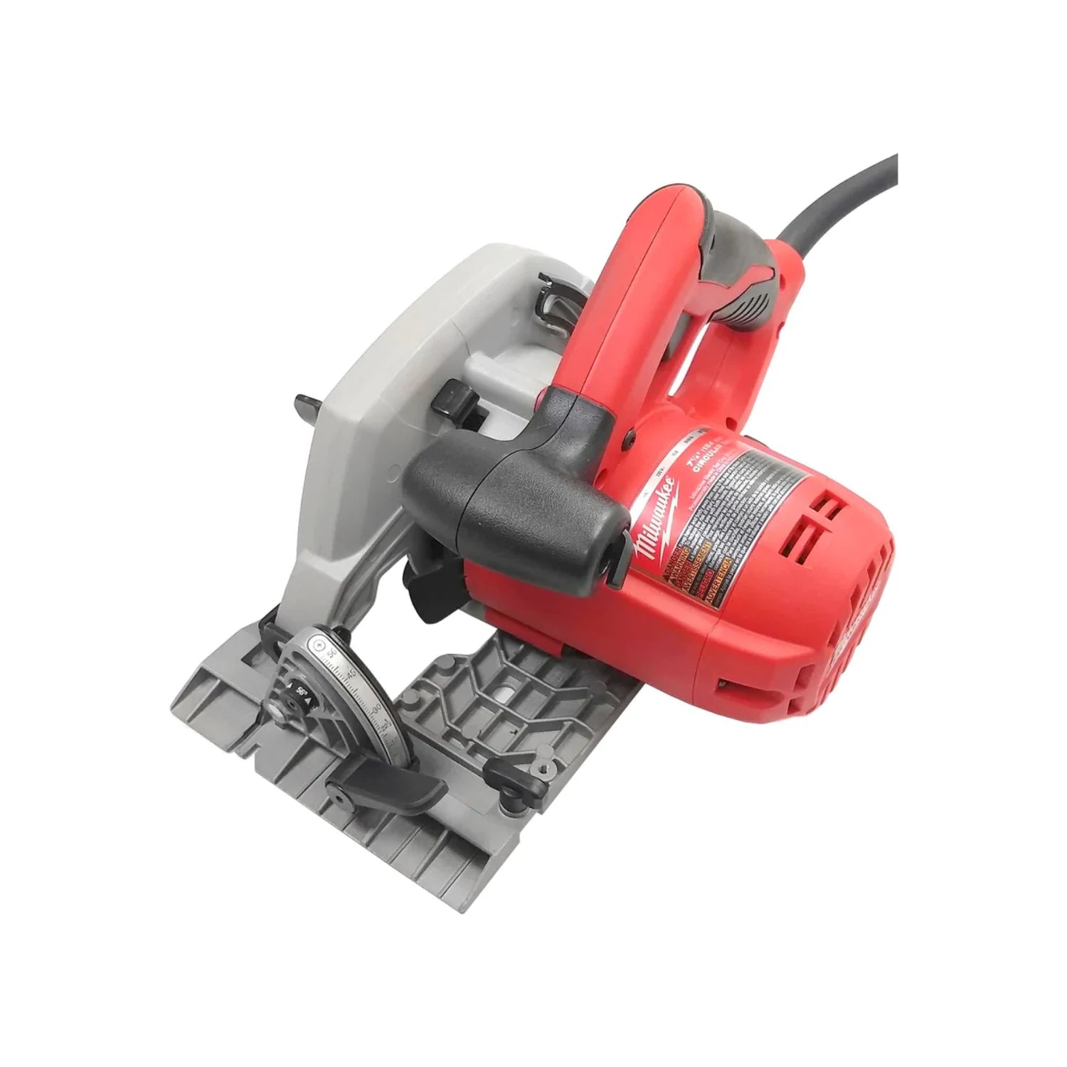 Sierra circular Milwaukee 7 1/4" roja y gris, potente herramienta eléctrica con ajuste de bisel para corte de madera.