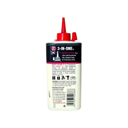 Aceite lubricante multiusos 3-IN-ONE para bisagras, cerraduras y bicicletas, botella gris con tapa dosificadora roja.