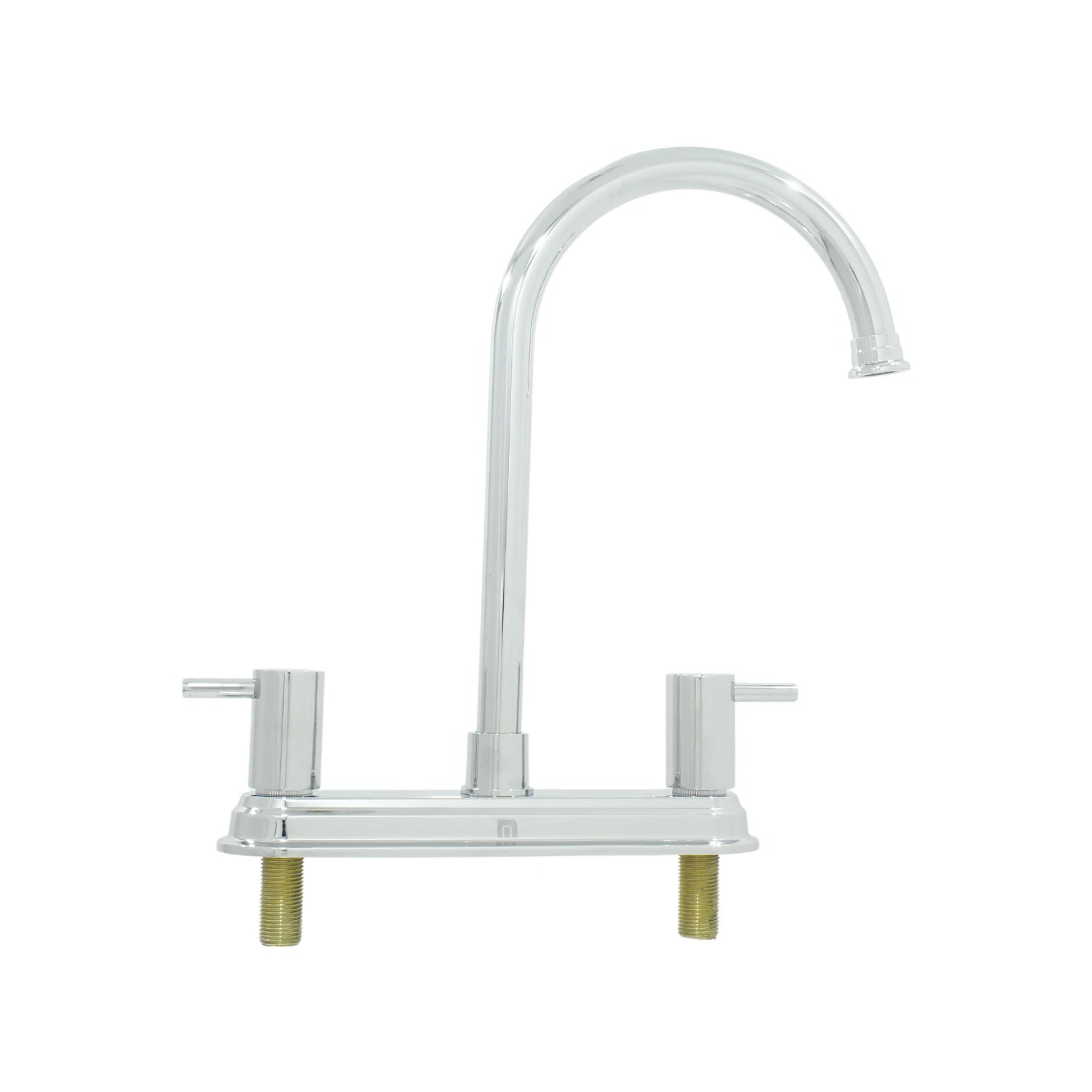 Mezcladora cromada para fregadero de cocina, doble manija, caño alto tipo cuello de ganso.