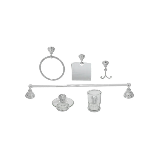 Juego de 6 accesorios de baño cromados: toallero, portarrollos, gancho, jabonera, vaso y barra.