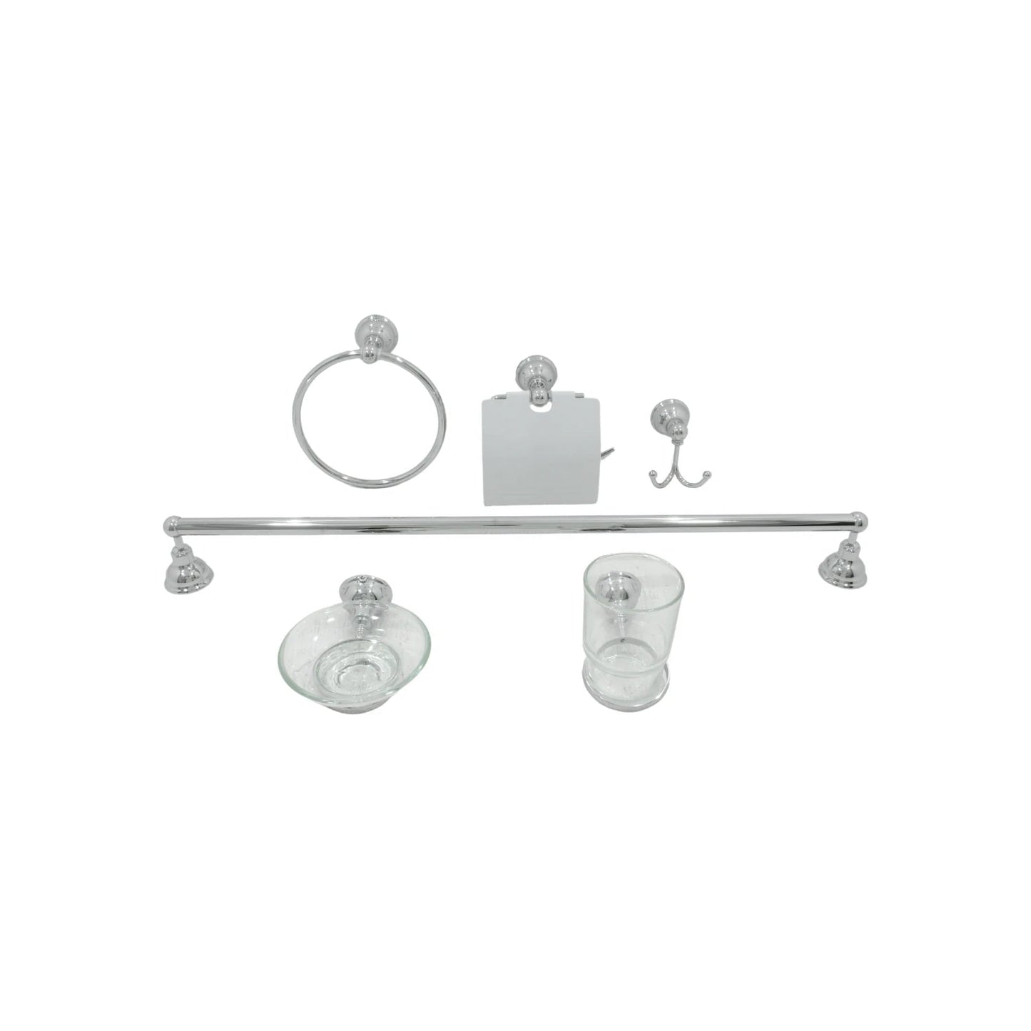 Set de 6 accesorios de baño cromados: toallero de barra, toallero de argolla, portarrollos, gancho doble, jabonera y vaso de cristal