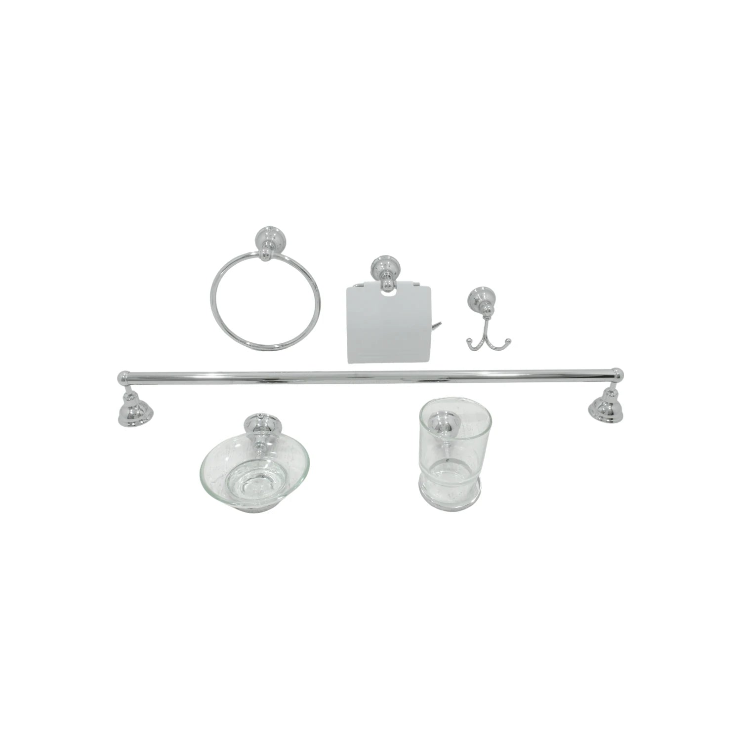 Set de 6 accesorios de baño cromados: toallero de barra, toallero de argolla, portarrollos, gancho doble, jabonera y vaso de cristal