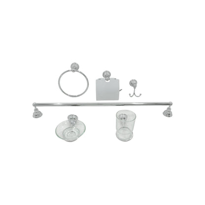 Set de 6 accesorios de baño cromados: toallero de barra, toallero de argolla, portarrollos, gancho doble, jabonera y vaso de cristal