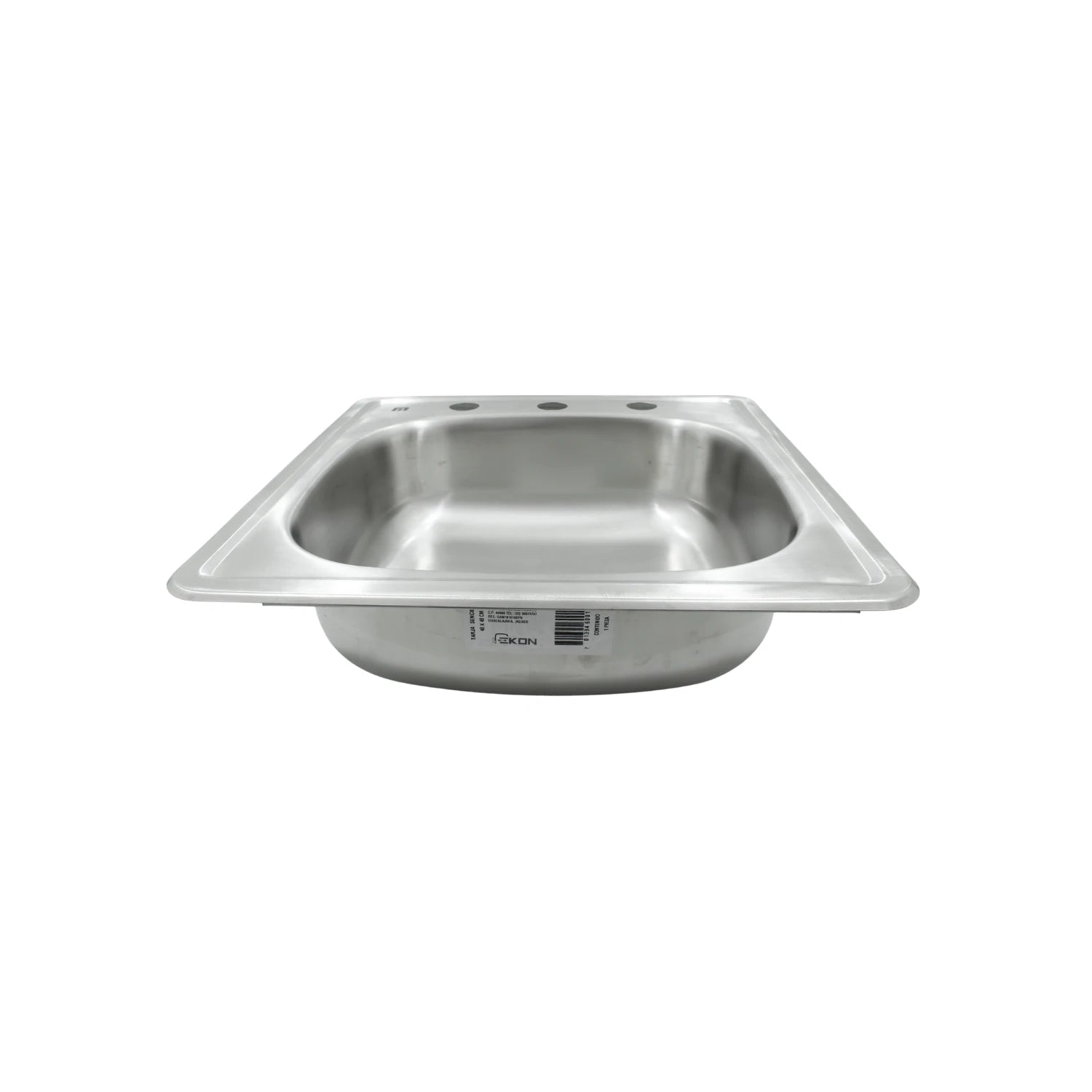 Tarja de acero inoxidable Ekon 48x48 cm con 3 orificios para grifería, ideal para cocina o lavandería
