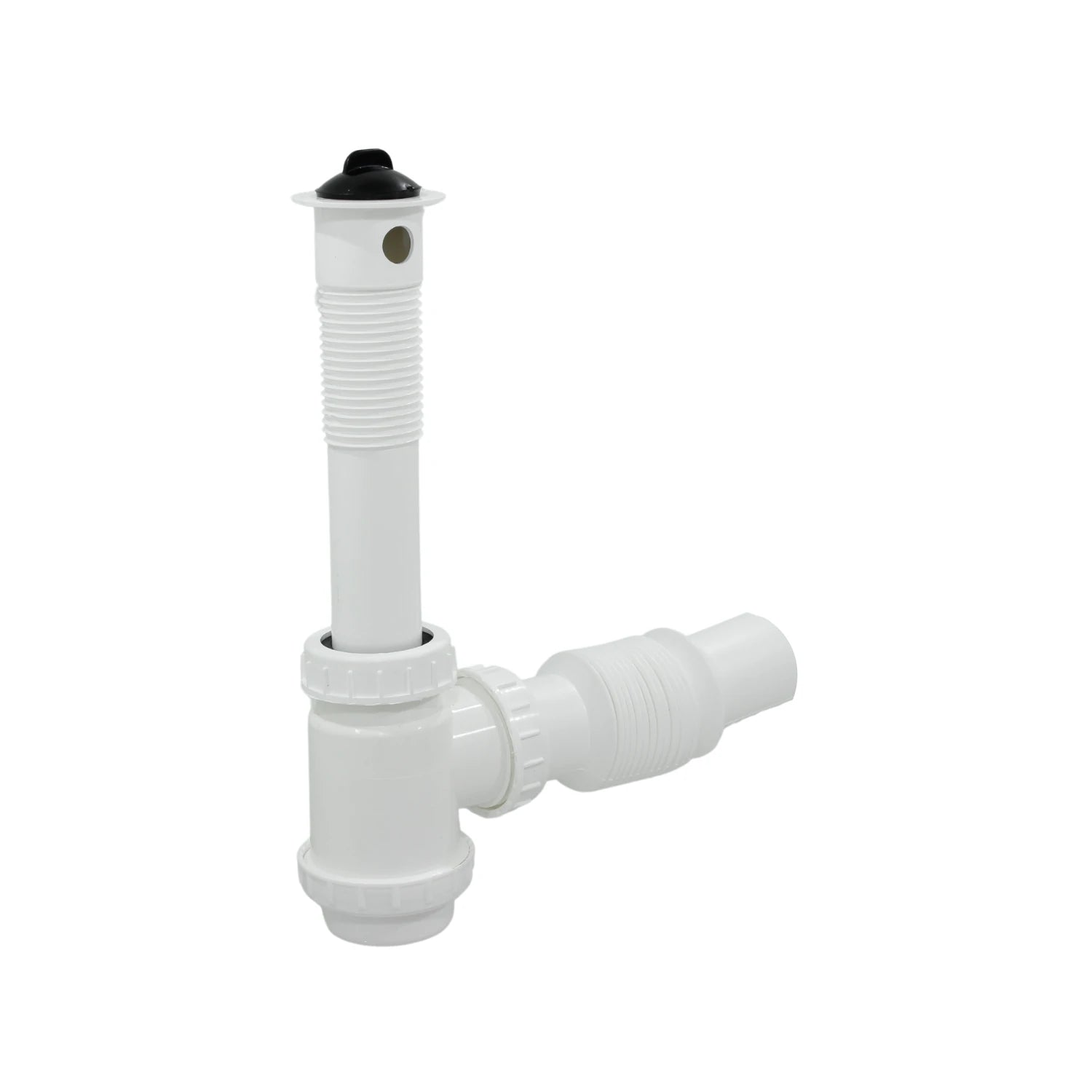 Cespol flexible blanco para lavabo con trampa tipo sifón, tubo extensible y tapón de desagüe negro