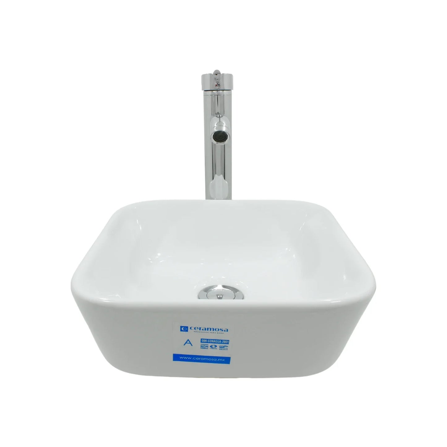 Paquete de lavabo cuadrado de sobreponer, incluye:.,1 Lavabo modelo Tucson Ceramosa.,1 Monomando Ekon 60461,1 Cespol flexible 29292,1 Chupón adaptador 50 x 32 mm,Contra sin rebosadero 99002,2 llaves angulares de rosca 11008,1 cinta teflón de ½” 16220