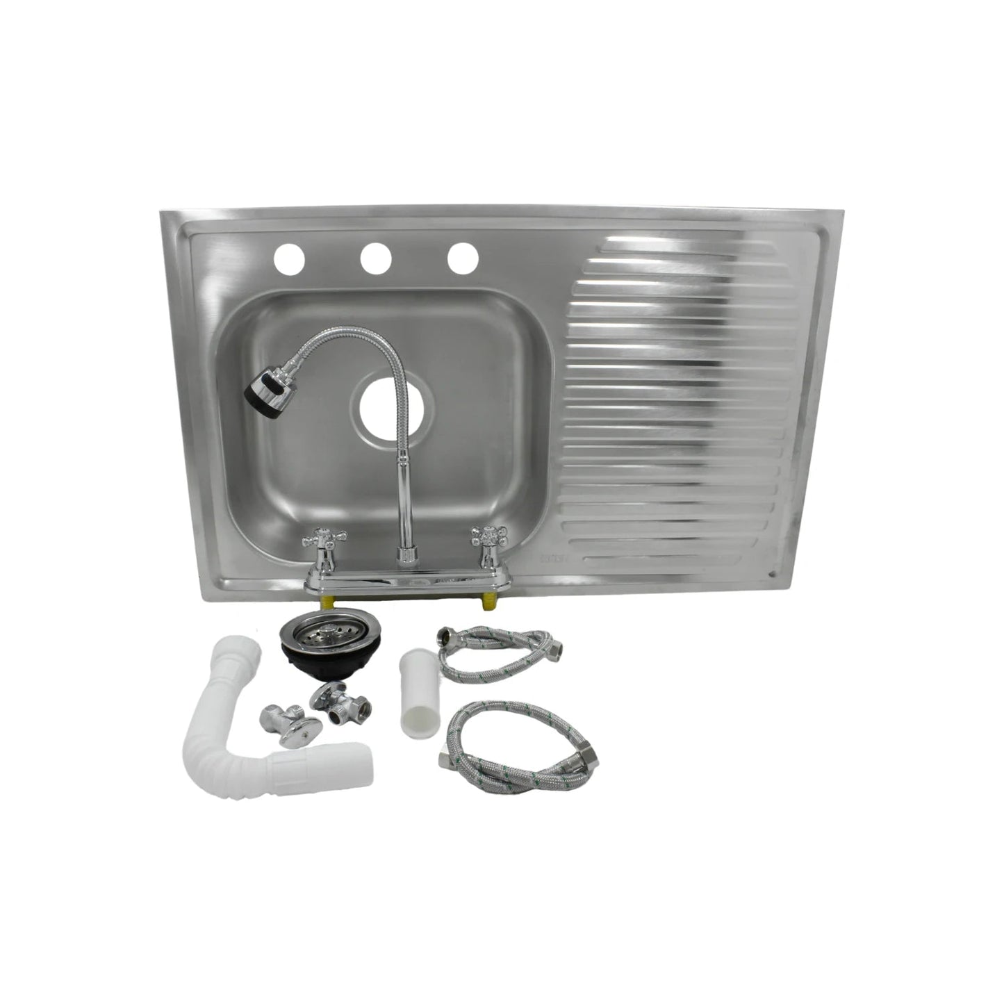 Tarja de cocina 80x50 cm de acero inoxidable con escurridor derecho, mezcladora flexible y kit de instalación.