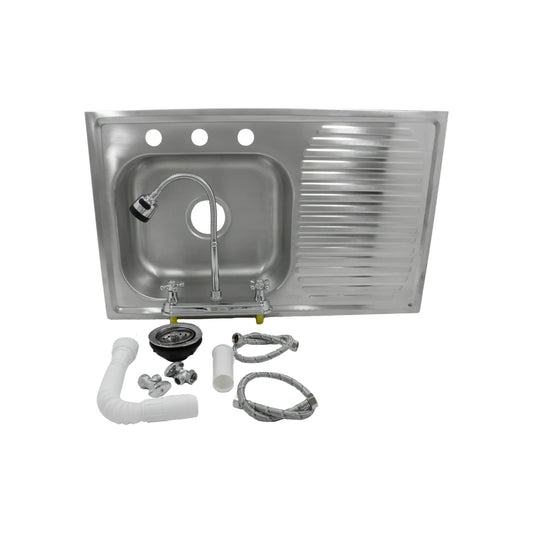 Tarja de cocina 80x50 cm de acero inoxidable con escurridor derecho, mezcladora flexible y kit de instalación.