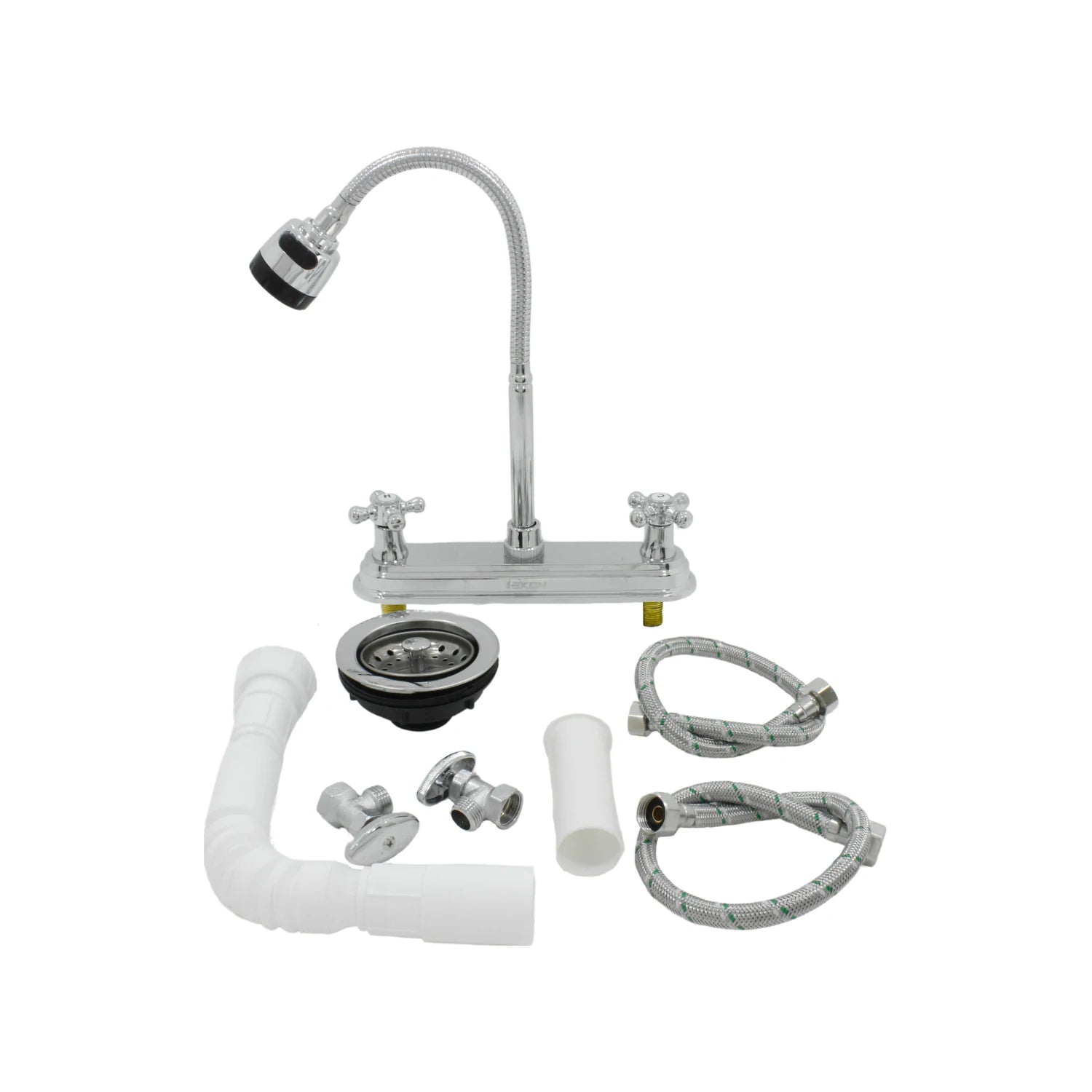Mezcladora de cocina EKON cromo cuello de ganso flexible, manerales cruz, desagüe, sifón y mangueras.