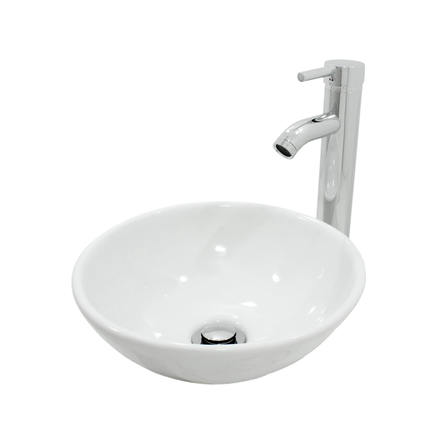 Lavabo redondo de sobreponer de cerámica blanca con grifo monomando alto cromado para baño.