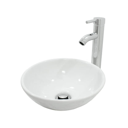 Lavabo redondo de sobreponer de cerámica blanca con grifo monomando alto cromado para baño.