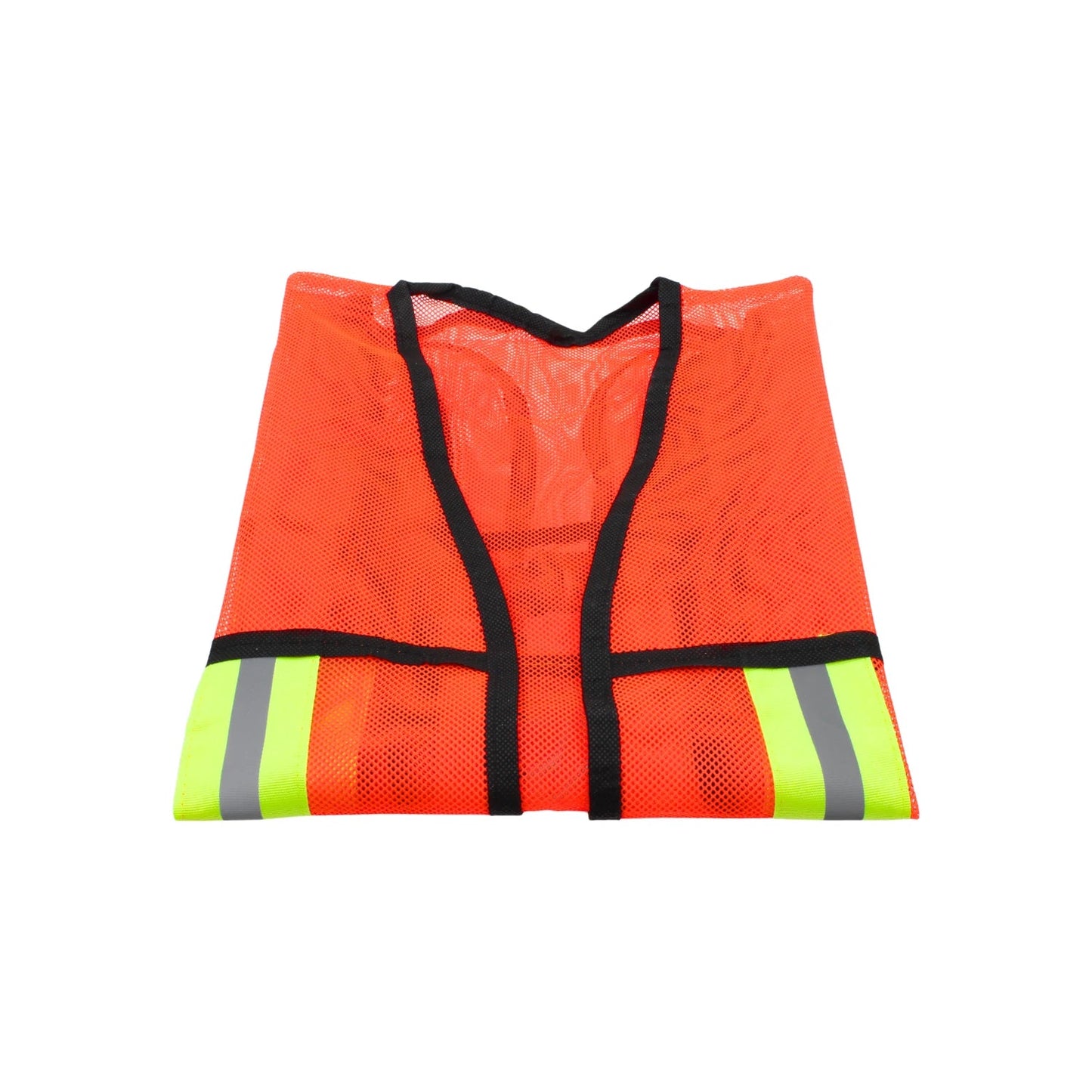 Chaleco de seguridad naranja de malla con bandas reflejantes plegado para alta visibilidad en obra