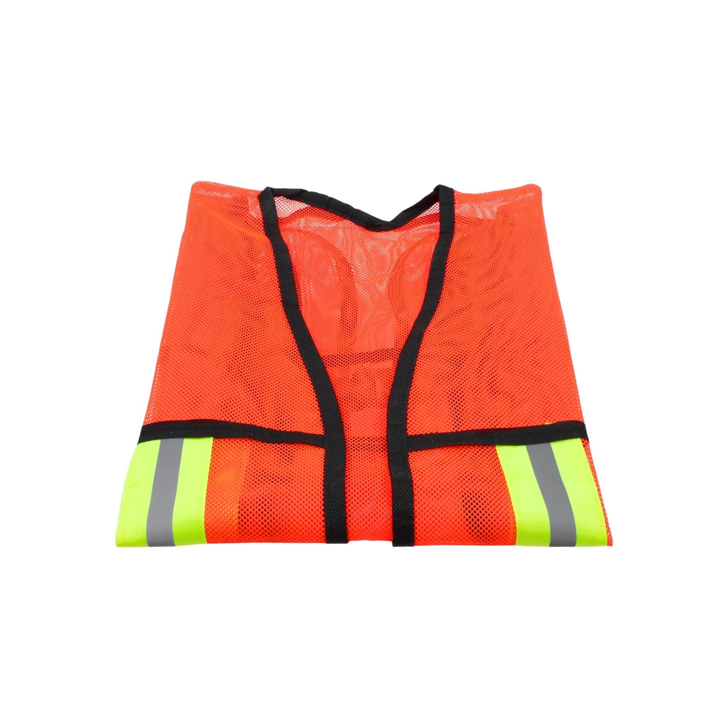 Chaleco de seguridad naranja de malla con bandas reflejantes plegado para alta visibilidad en obra