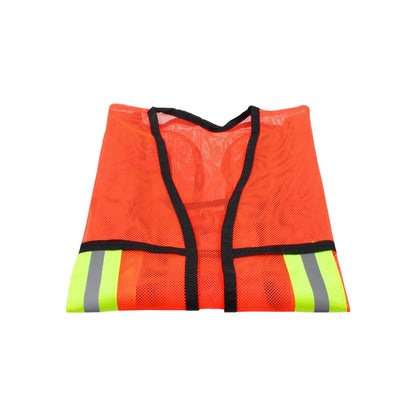 Chaleco de seguridad naranja de malla con bandas reflejantes plegado para alta visibilidad en obra