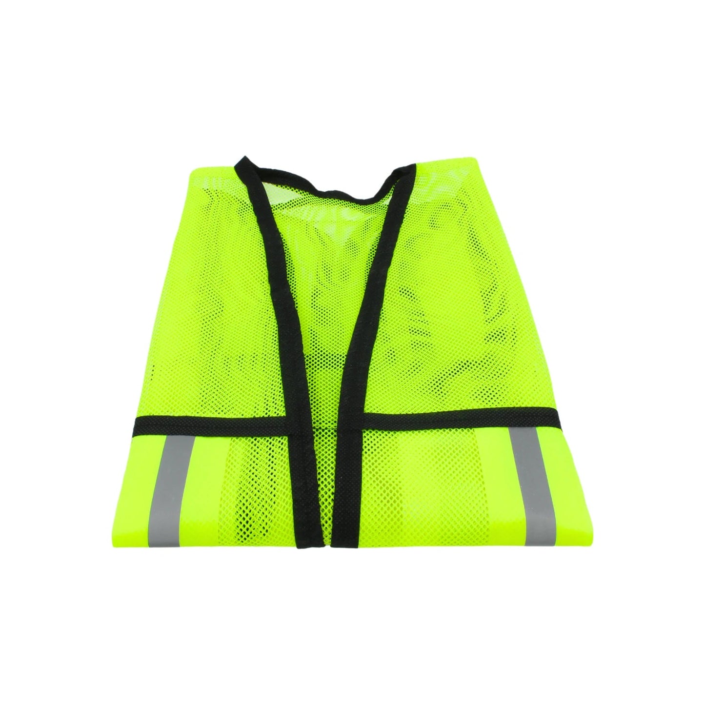 Chaleco de seguridad de malla neón verde con franjas reflejantes grises y ribete negro, para alta visibilidad.