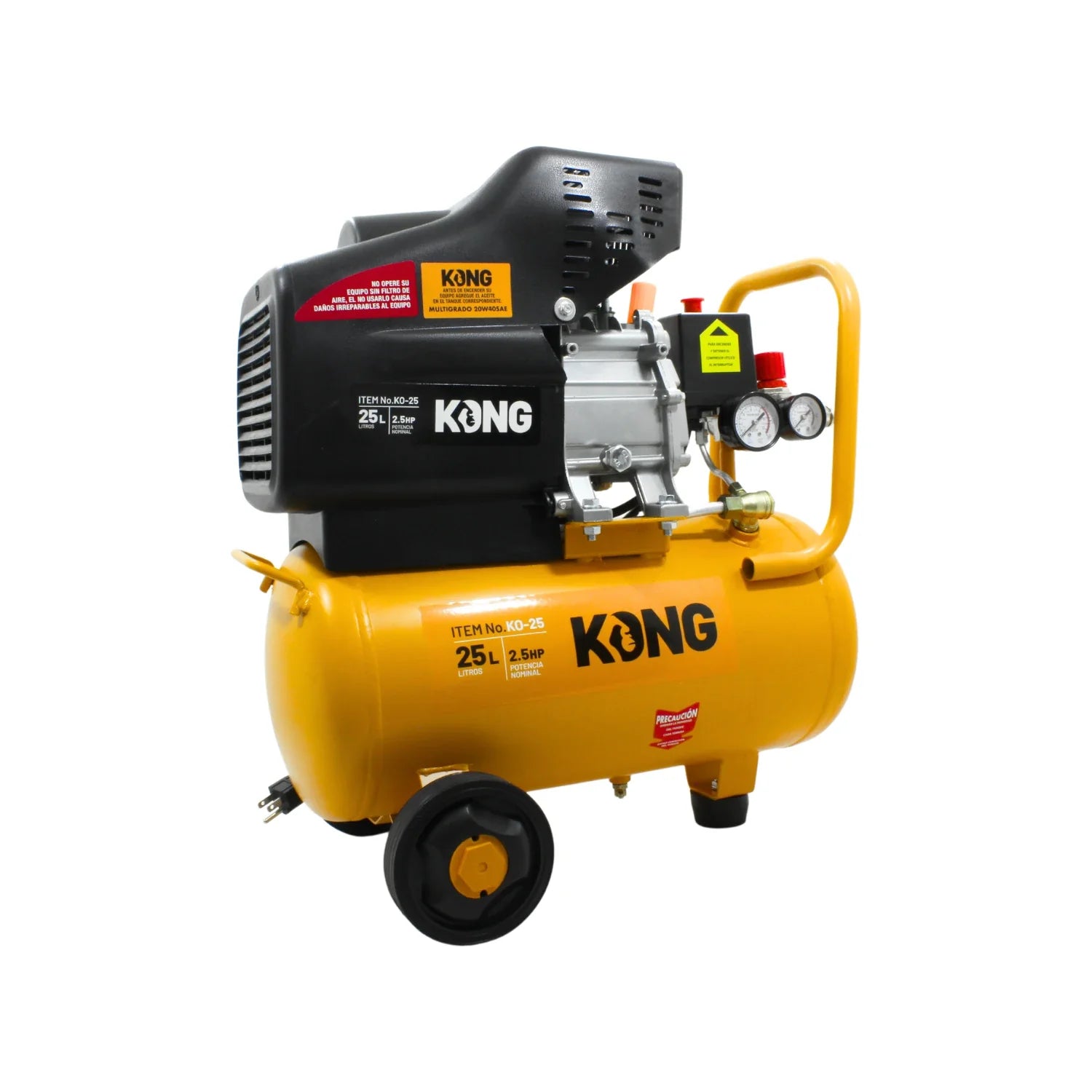 Compresor de aire portátil Kong KO-25 amarillo 25 litros 2.5 HP con ruedas y manómetro