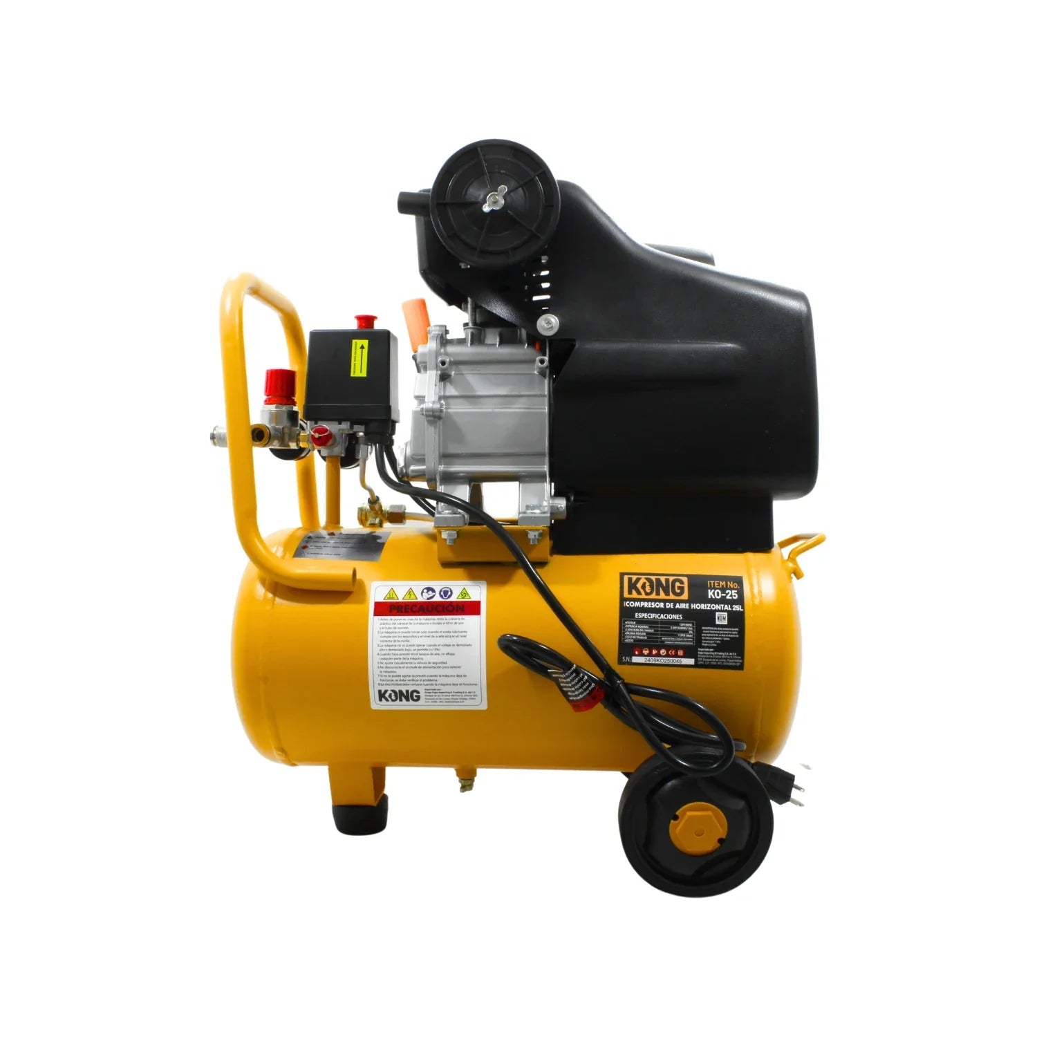 Compresor de aire KONG KO-25 amarillo 2.5 HP, 25 litros, portátil con ruedas.