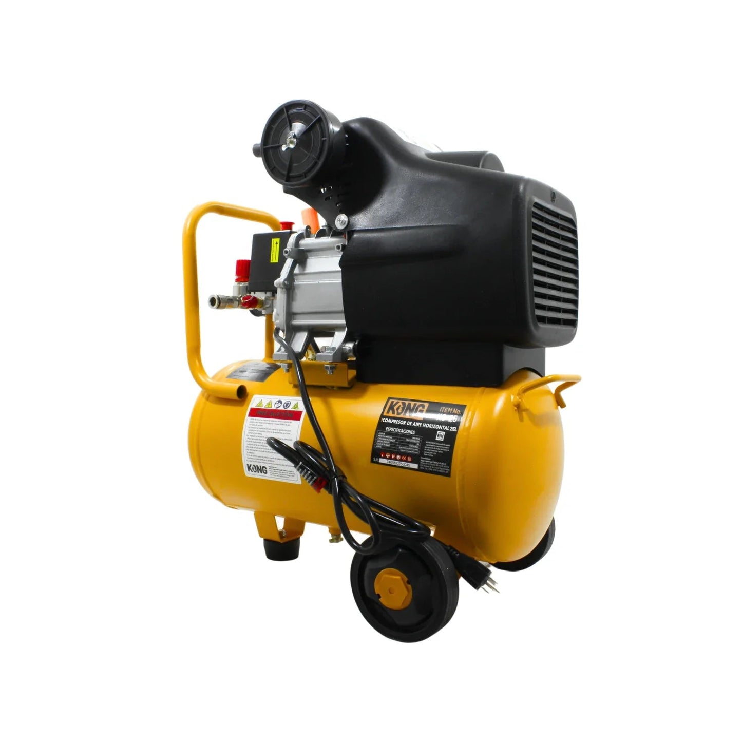 Compresor de aire KONG portátil amarillo 25L con ruedas, perfecto para trabajos en taller y hogar.