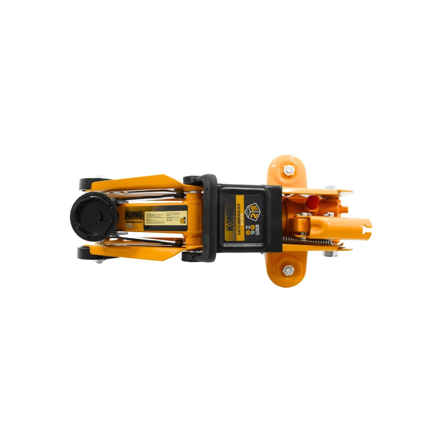 Gato hidráulico de patín Kong amarillo 2 toneladas, ideal para elevación automotriz en taller.